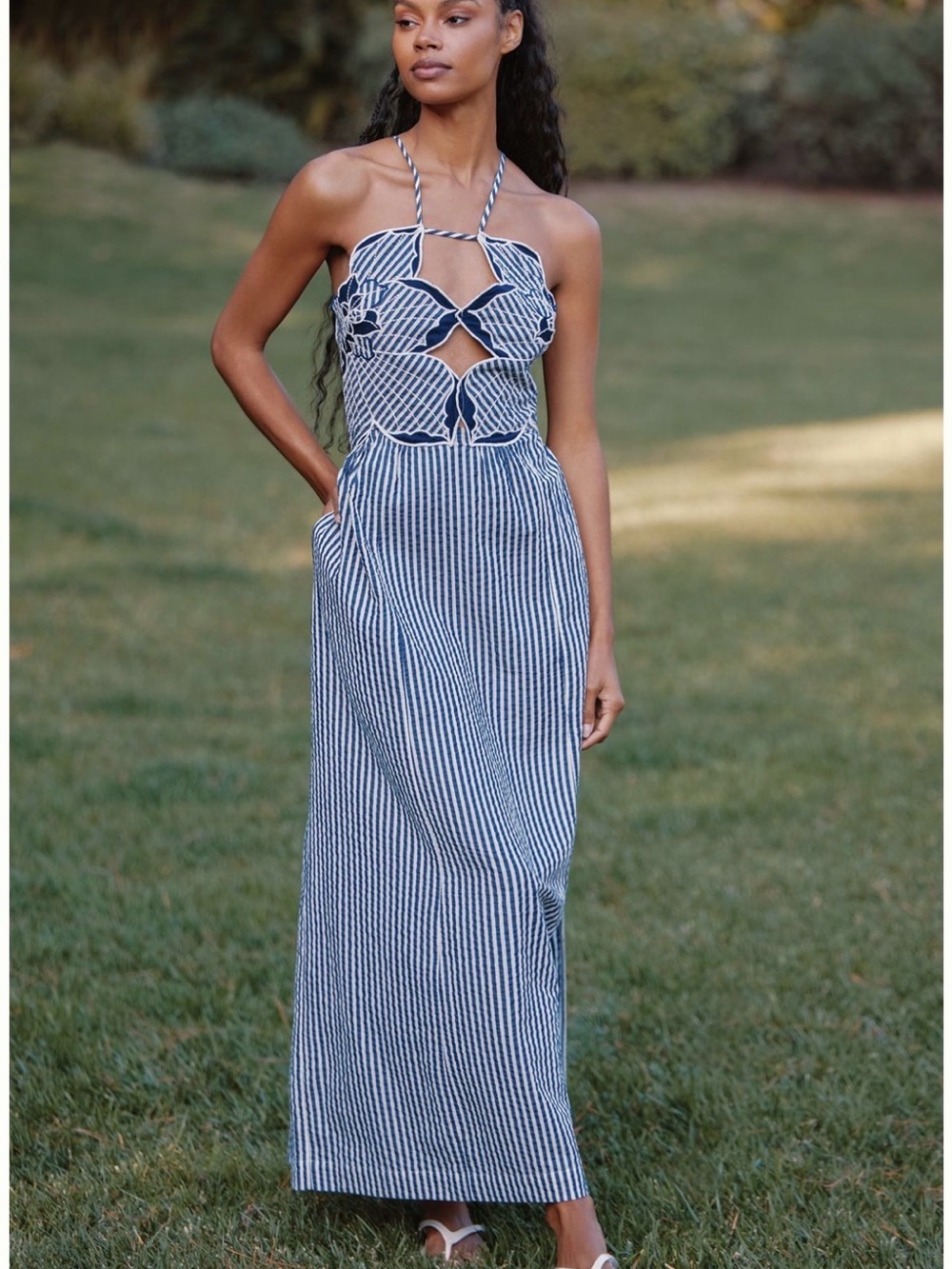 Anthropologie Navy and White Striped Halter Cutout Maxi Dress